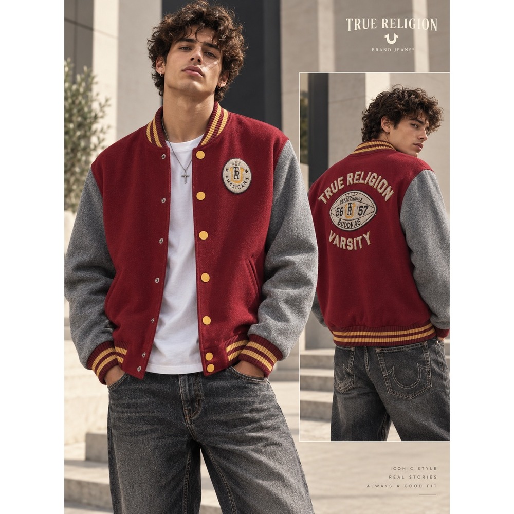 True Religion Varsity Jacket XL Burgundy Grey Wool Blend State Champs Buddha